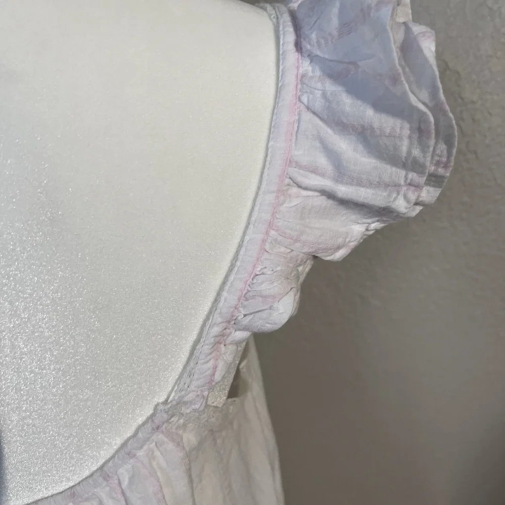 Shabby Chic White Pink‎ Striped Nightgown Square Neck Lace Ruffle Cotton Size M